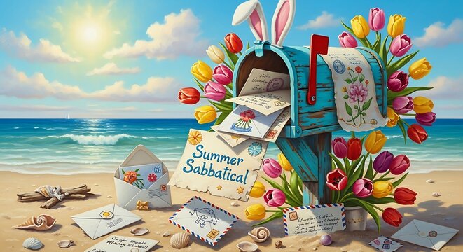 Easter bunny mailbox on a sunny beach with flowers and spring sabbatical sign