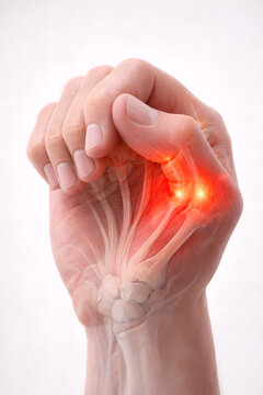 Hand joint pain anatomy injury wrist inflammation red glow medical concept clenched fist with visible bone tendon nerve detail