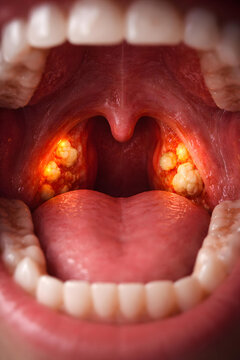 Sore throat tonsil mouth uvula tongue infection inflammation tooth, open human mouth showing swollen tonsil, oral cavity, and red irritated throat