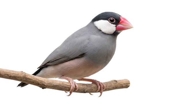 Java Sparrow perched on a wooden branch against a white background.
