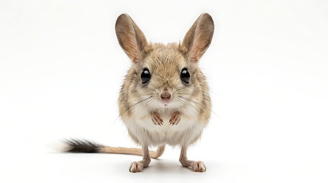A cute long eared jerboa standing on a white background.