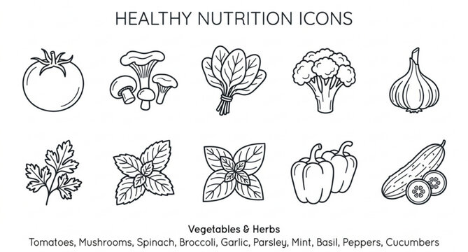 Organic food line icon collection with vegetables herbs and garden produce