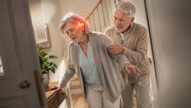 Senior woman experiencing dizziness and ear pain with man supporting her. Vestibular disorder and balance problem concept. Medical health condition and elderly care in domestic interior.