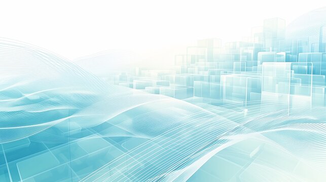 Abstract smart city background with flowing wave lines and transparent geometric structures