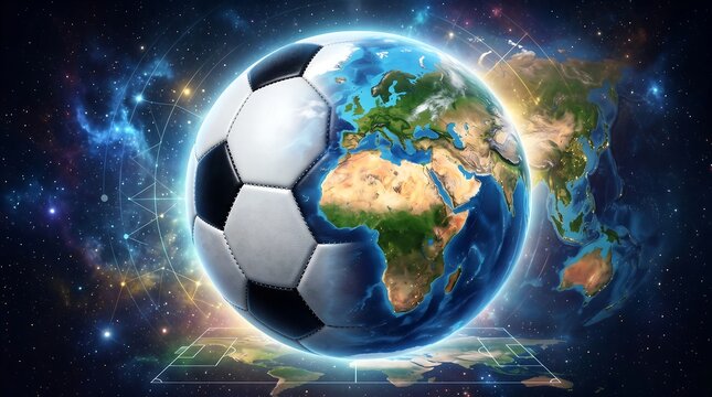 Conceptual illustrative global travel poster wrapping a world map continent blueprint around floating translucent soccer
