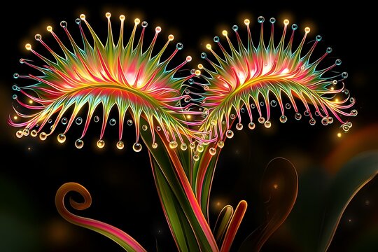 Illuminated Twin Flower Stems Featuring Radiant Filigree Tips And Vibrant Neon Gradient Effects