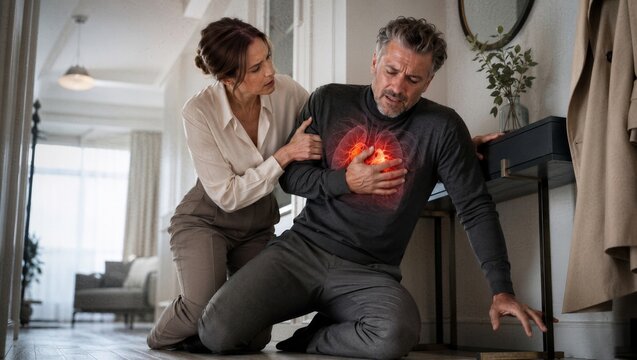 Woman helping man having a heart attack at home. Mature man clutching his chest with digital heart visualization. Medical emergency, sudden chest pain and cardiovascular health concept.