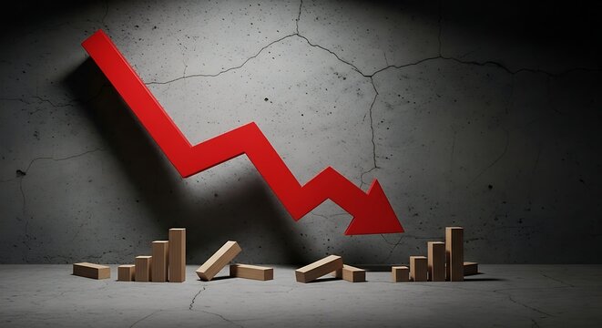 A red arrow trends downward dramatically on a cracked wall beside falling wooden blocks.