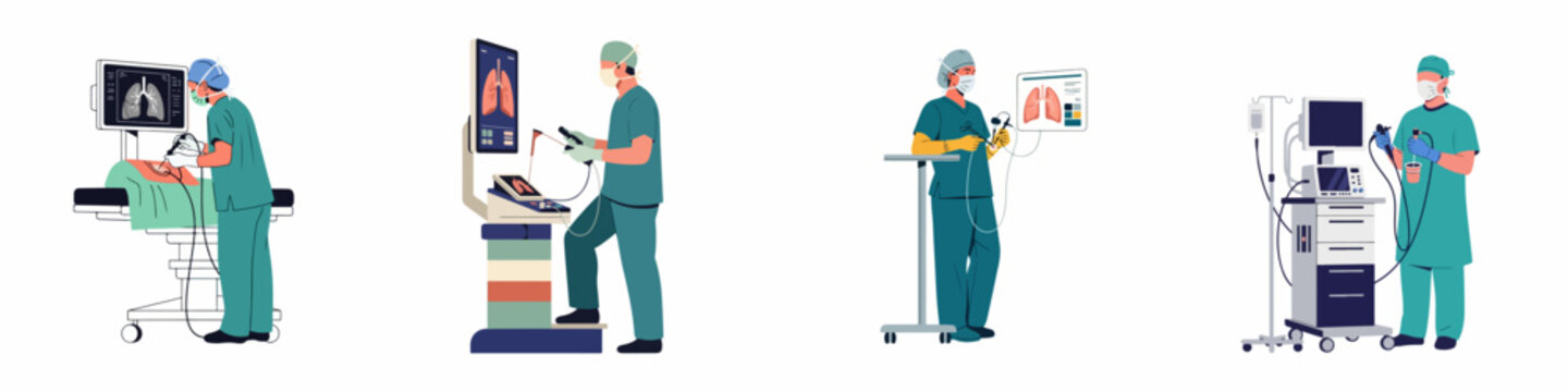 Set of illustrations showing surgeons performing minimally invasive lung procedures using advanced medical equipment and monitors in a hospital setting.