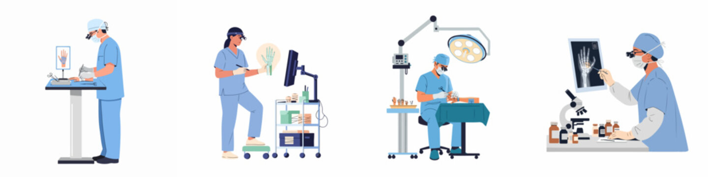 Flat illustration set of surgeons performing hand surgery, analyzing X-rays, and conducting medical research in a modern hospital or clinic environment.