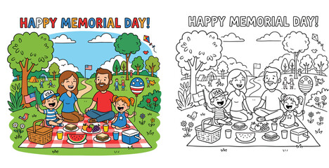 Fototapeta premium Happy Memorial Day Family Picnic Coloring Page for Kids, Patriotic Outdoor Park Celebration Illustration with Colored and Outline Versions.