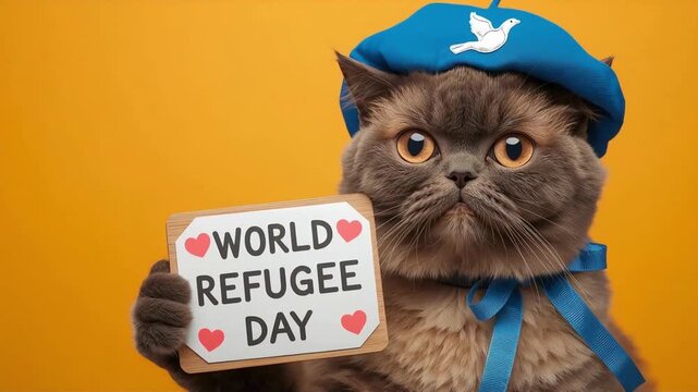 Cat holding sign for World Refugee Day wearing blue beret with dove symbol as digital motion animation video footage