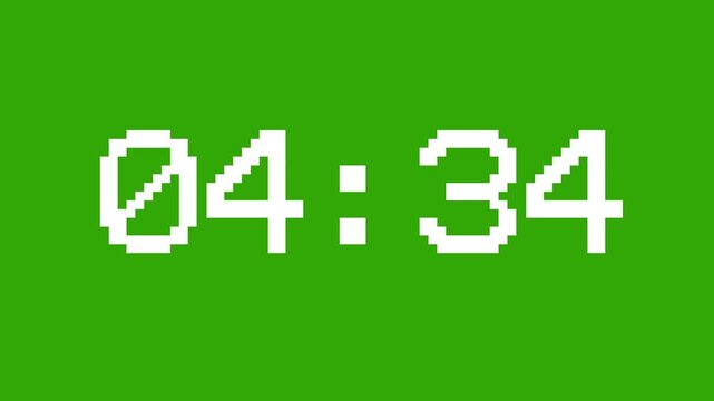 White pixelated 05:00 five minute digital timer counting down against a vibrant solid green background, a retro 8bit arcade style looped animation ideal for games and time limits.