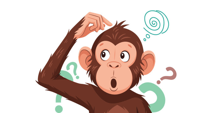 Confused cartoon monkey scratching its head with question marks and spiral symbols around it on a white background.
