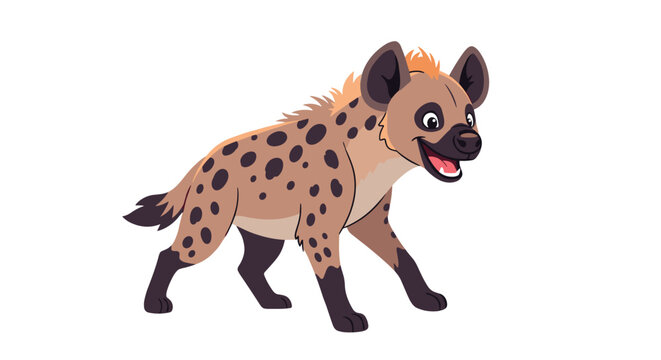 Spotted hyena with a cheerful expression walks forward against a plain white background in a simple cartoon style.