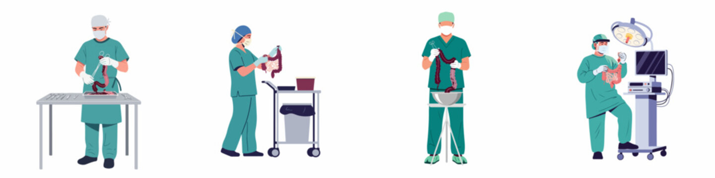Set of flat vector illustrations depicting surgeons and medical staff handling human intestines during a surgical procedure in an operating room setting.