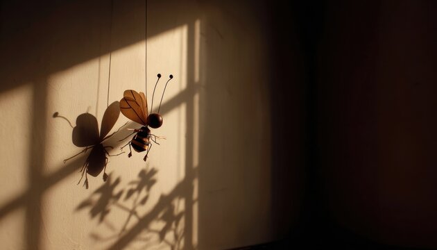 Playful bee shadow puppetry on sunlit wall, whimsical light play