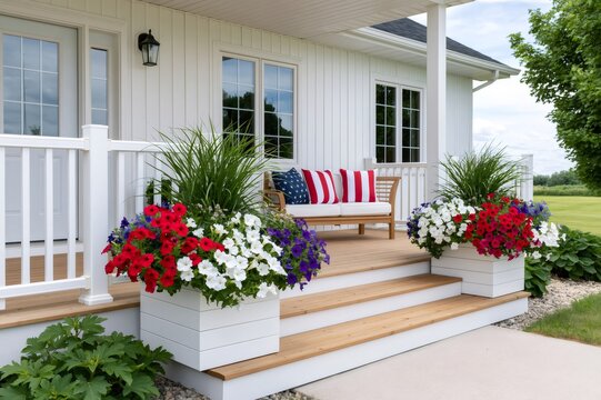 White house porch decorated with red, white, and blue flowers