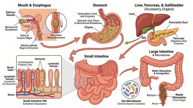 Detailed Human Digestive System Journey Food Process Rich Illustration