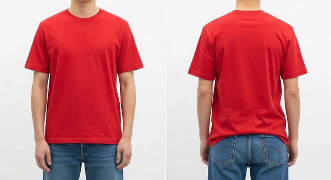 Red plain t-shirt front and back view on male models casual wear studio shot