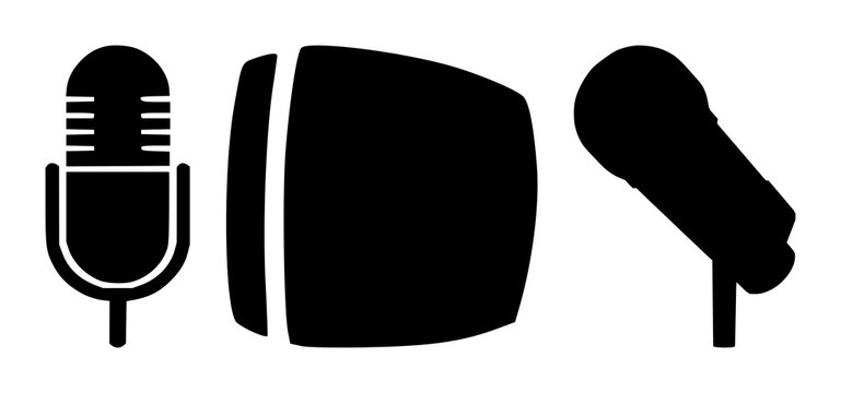 Solid black icon, white background: voice command microphone silhouette set with simple line art design featuring outline, illustration, graphic elements with clean design and vector art