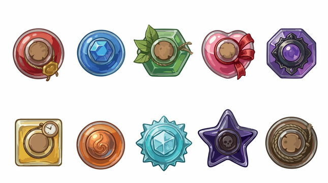 Fantasy magic potion icons, 10 colorful alchemy elixir bottles top view, RPG game assets for health mana and stamina, mystical liquid flasks