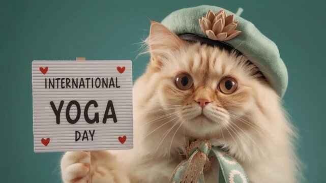 Fluffy cat holding International Yoga Day sign wearing a stylish beret in this charming professional motion video animation clip