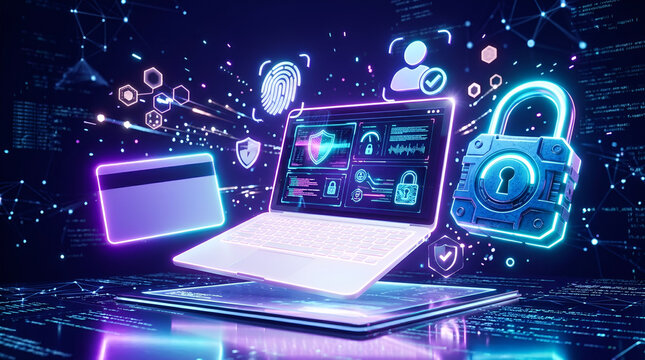 Futuristic cybersecurity illustration with a floating laptop, neon credit card, large digital padlock, fingerprint scanner, and shield icons representing online data protection and privacy.