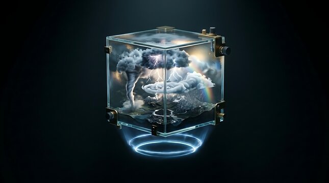 Glowing cube contains futuristic alien technology on a dark background