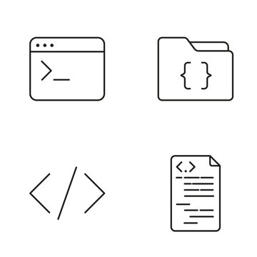 Software development line icons pack including command line, code folder, html tags, and source document.