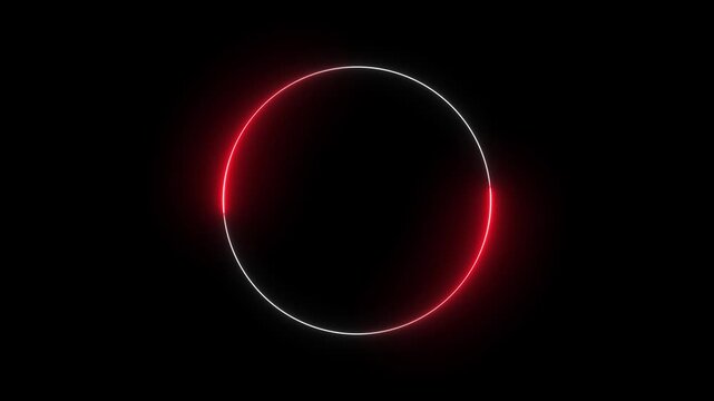 Vibrant red and white neon circle abstract animation, seamlessly looping digital progress indicator on black, representing data loading, technology, and futuristic concepts.