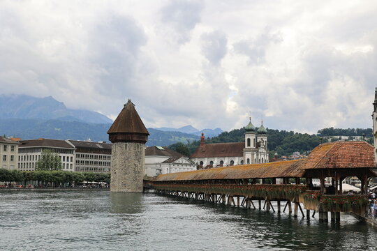 The Chapel Bridge over the Reuss River in Lucerne, Switzerland