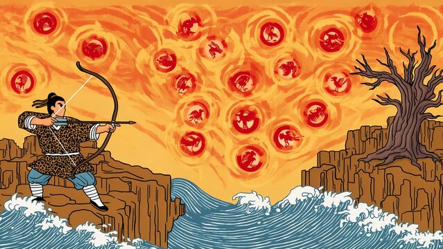 Hou Yi Shoots Suns Chinese Myth Scene