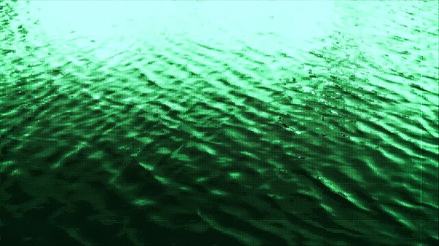 Abstract green water surface with pixelated grid distortion, shaky handheld motion effects and rhythmic ripple patterns