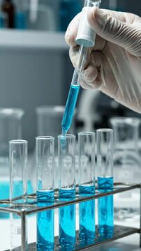 Scientist's hand in glove holding pipette over test tubes in laboratory setting.