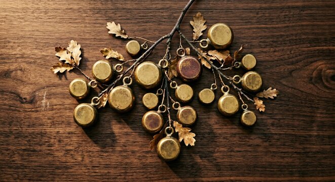 Vintage brass scale weights arranged on oak leaf stems as a cluster of golden fruit on a dark walnut wood surface for legal institution or courtroom interior decor