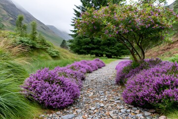 Fototapeta premium Purple heather blooming along stone path in mountain valley