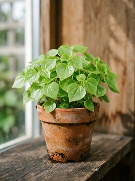 Peperomia pellucida plant in a terracotta pot on a wooden window sill indoors