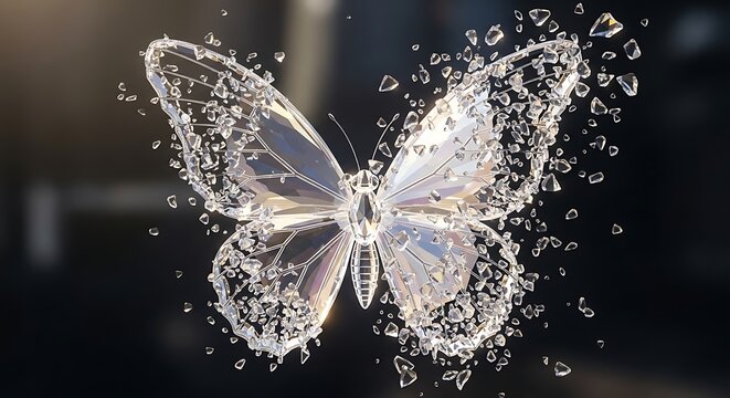 A delicate butterfly made of crystal fragments flies through a dark room