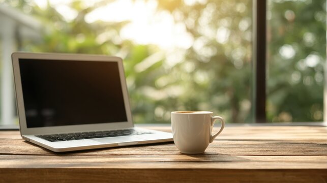 Modern workspace with laptop and coffee mug near window overlooking nature