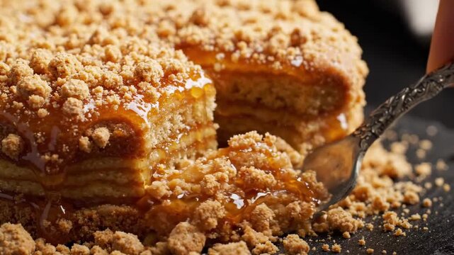 Close up of layered honey cake with crumb topping and fork
