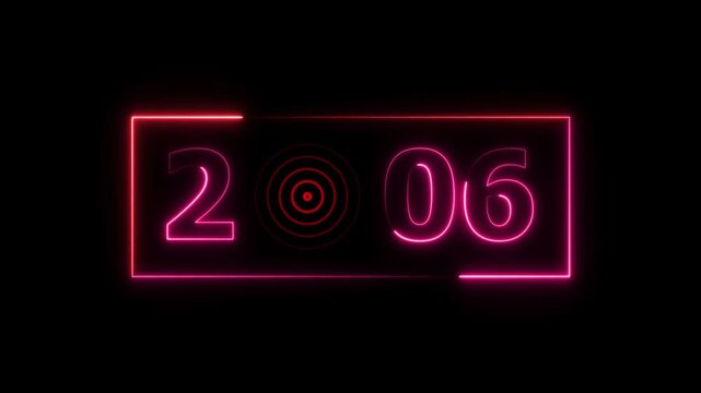 6 year's neon bright number text radio wave magenta red color animation. New year celebration number. Black background 4k video.