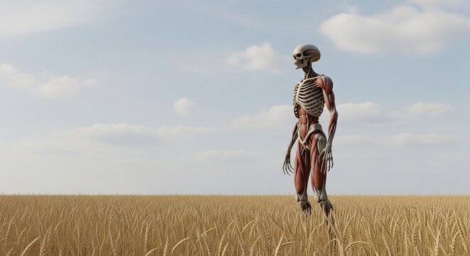 Anatomical skeleton with muscles standing in a golden wheat field under a cloudy sky
