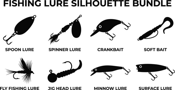 Fishing Lure Silhouette Vector Bundle Featuring Spoon Spinner Crankbait Jig and Fly Designs