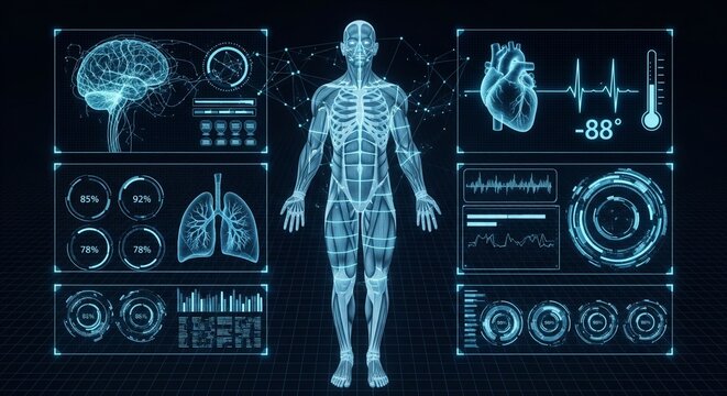 Futuristic Medical Display of Human Anatomy and Vital Signs, Showing Brain, Lungs, Heart, and Body
