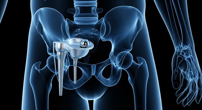 Anatomical 3D render of hip replacement surgery implant and human pelvis bones medical