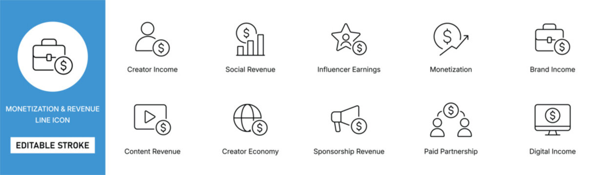 monetization and revenue icon line style creator economy income editable stroke vector set