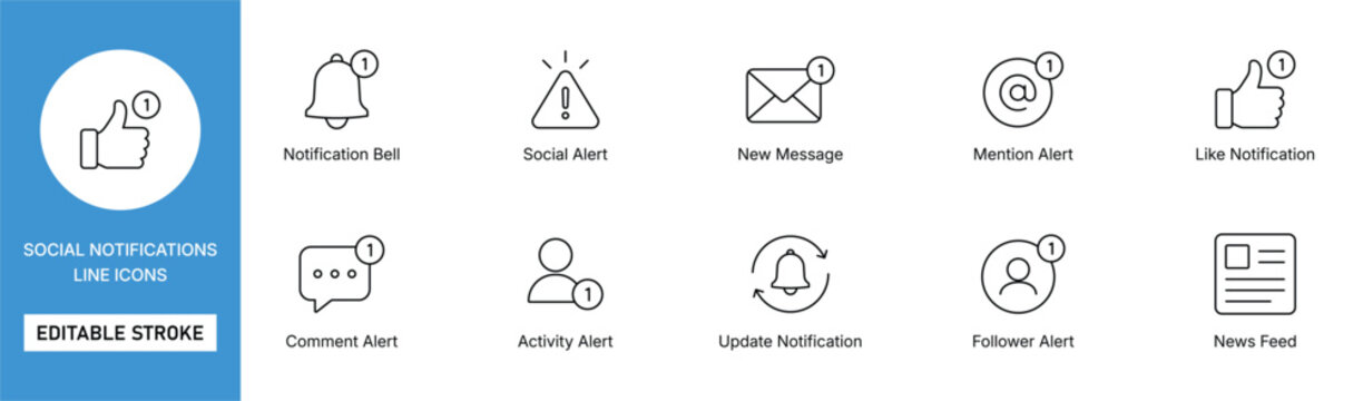 social notifications icon line style alert message follower editable stroke vector set