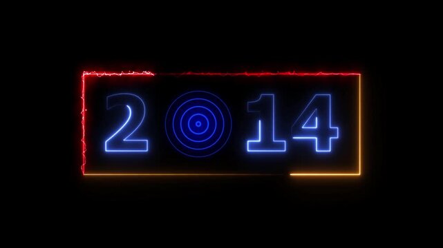 14 years neon bright number text radio wave royal blue color animation. New year celebration number. Black background 4k video.