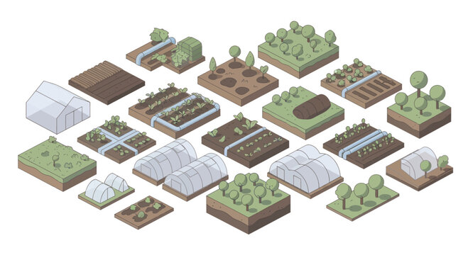 Isometric farm and garden elements for game or map design.